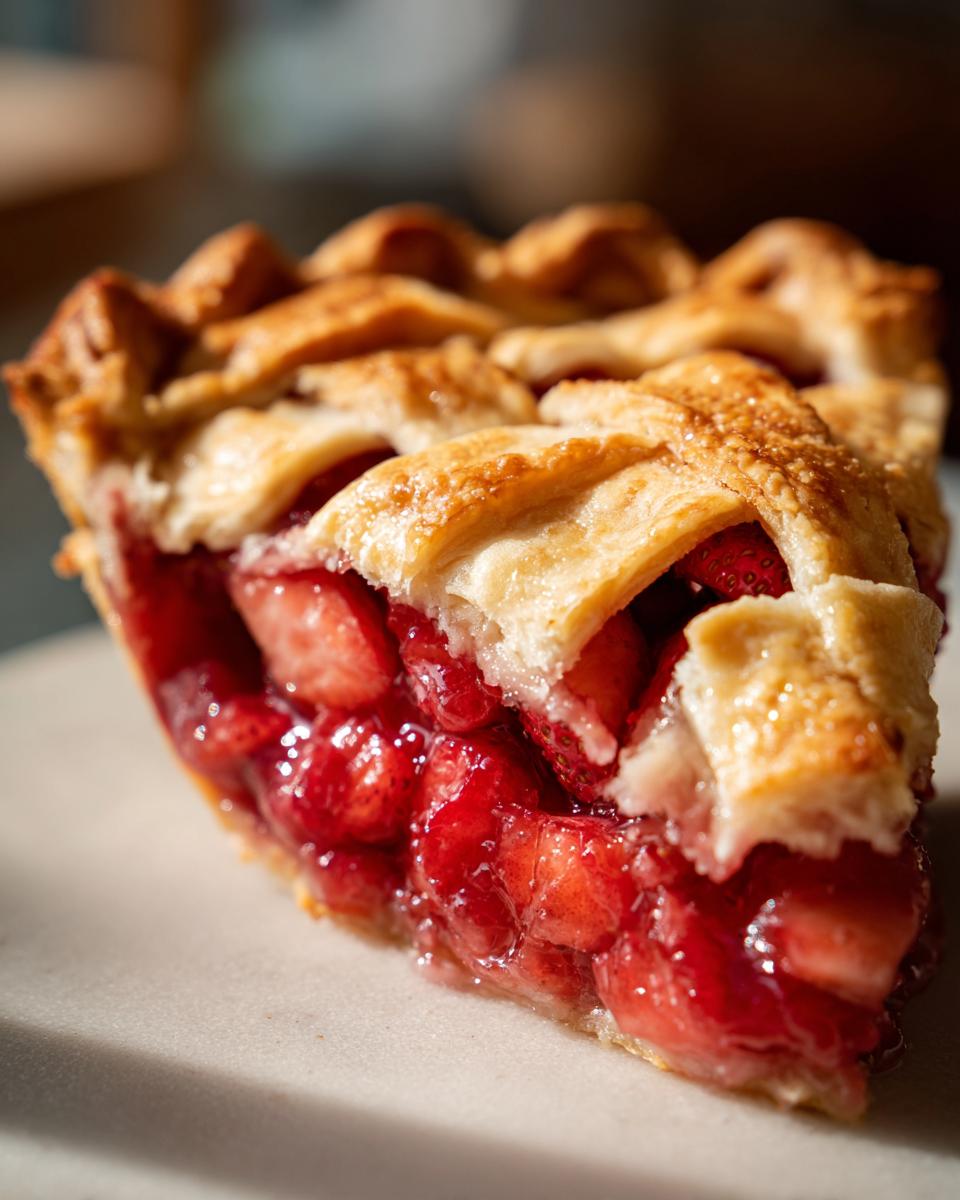 Close-up of a juicy slice of strawberry rhubarb pie showing the bright red filling and golden lattice crust.
