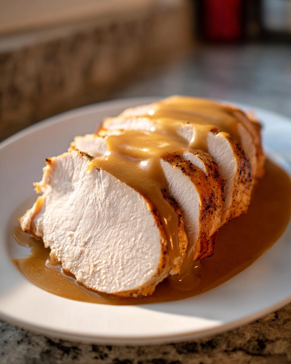 Close-up of juicy, sliced instant pot turkey breast covered in rich brown gravy on a white plate.