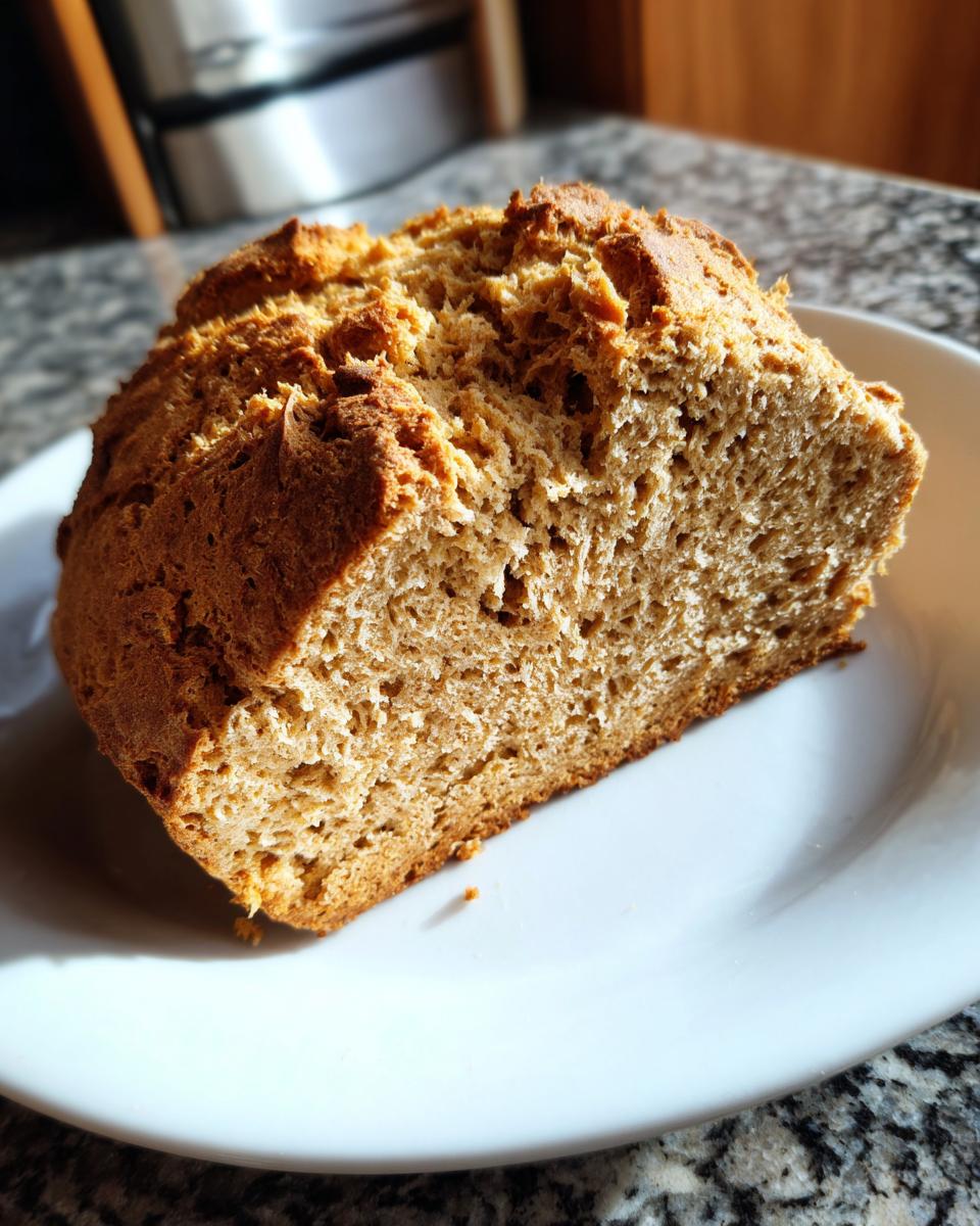 A thick slice of rustic, brown soda bread showing its crumb texture, resting on a white plate.
