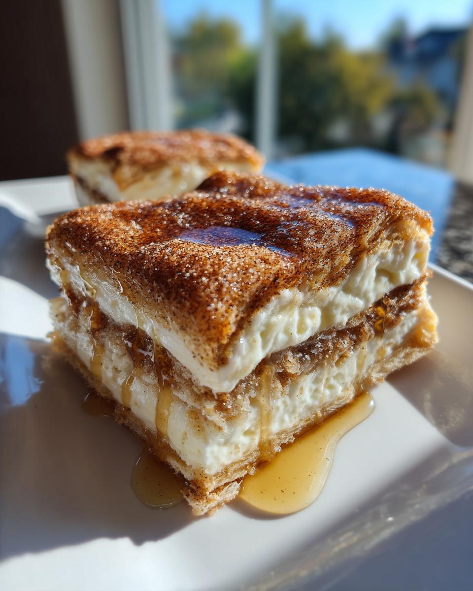 A close-up of a square slice of sopapilla cheesecake topped with cinnamon sugar and drizzled with honey.