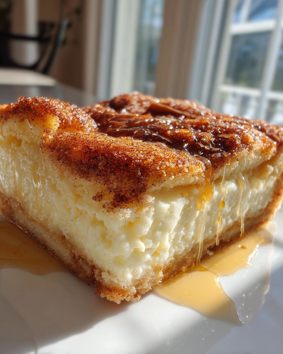 Close-up of a rich slice of sopapilla cheesecake topped with cinnamon sugar and dripping with honey.