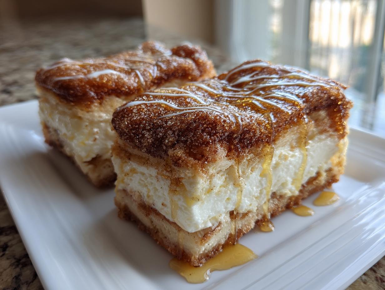 Two squares of rich sopapilla cheesecake topped with cinnamon sugar and drizzled with glaze and honey.