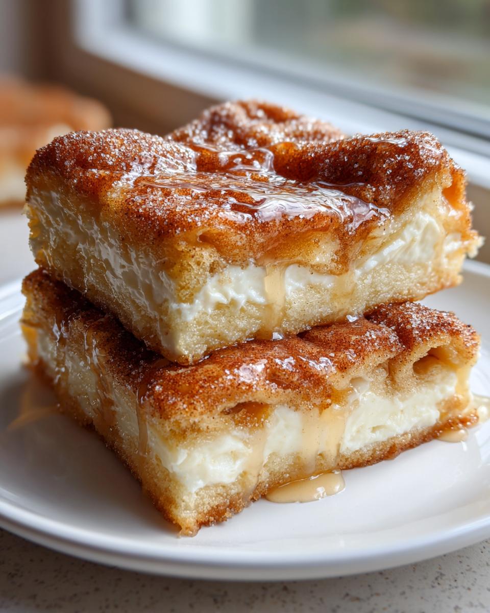 Two stacked squares of sopapilla cheesecake, layered with creamy filling and topped with cinnamon sugar and honey.