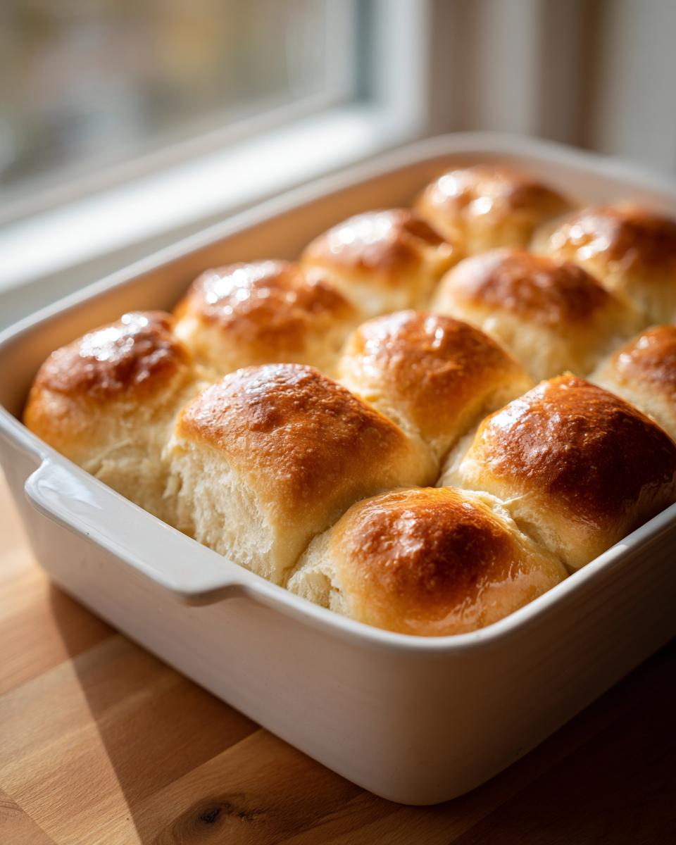 A white baking dish filled with golden-brown, glossy sourdough discard rolls, sitting on a wooden surface near a window.