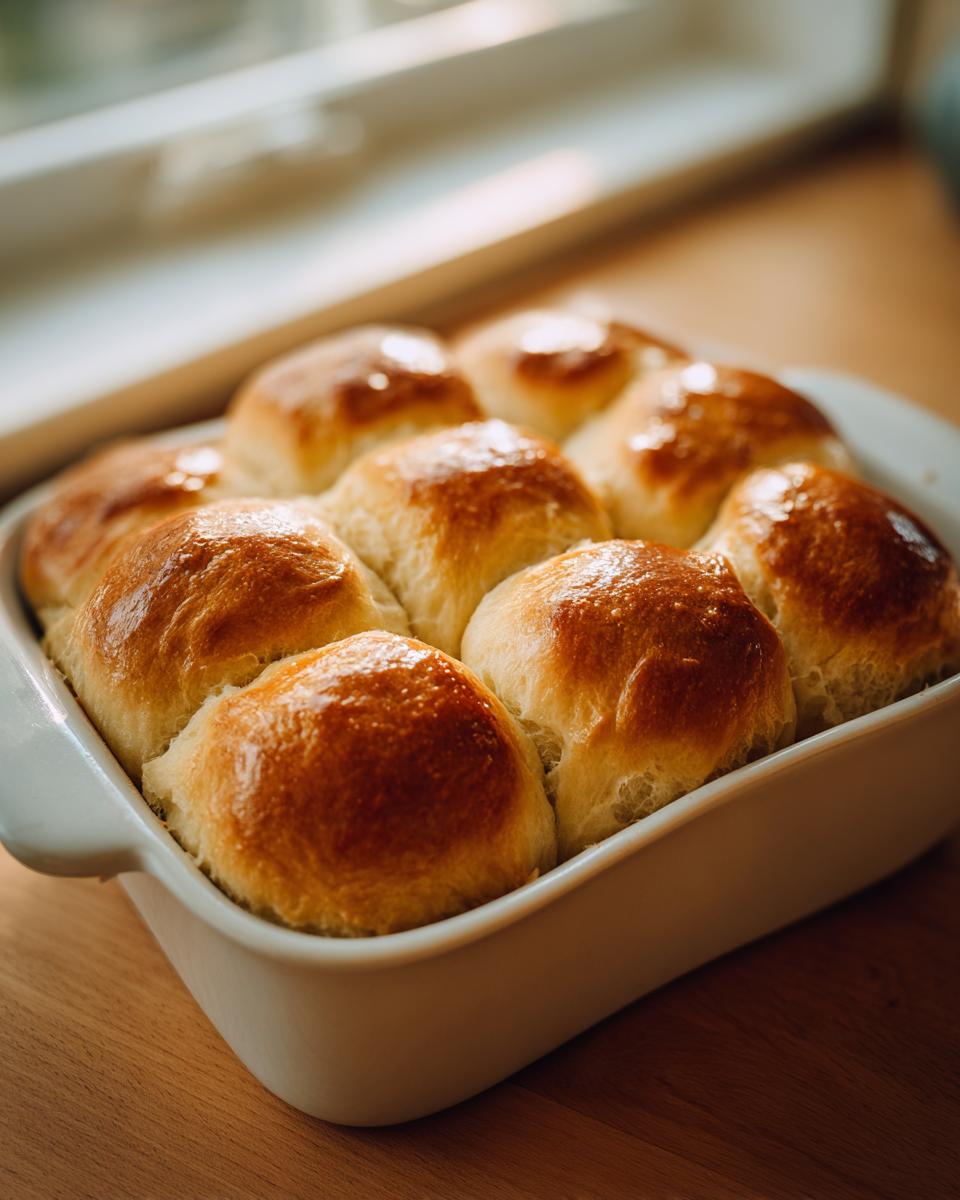 A close-up of golden brown, shiny sourdough discard rolls baked together in a white square baking dish.