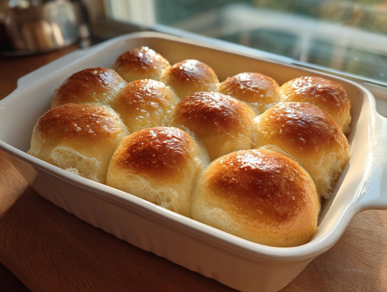 A close-up of golden brown, shiny sourdough discard rolls baked together in a white ceramic dish.
