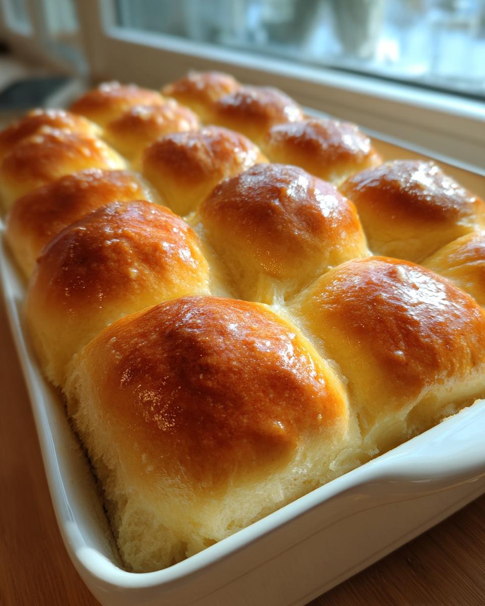 A close-up of golden brown, glossy sourdough discard rolls baked together in a white rectangular dish.