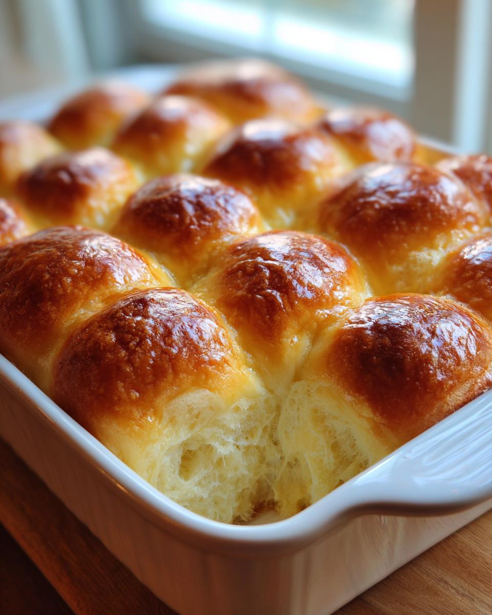 Close-up of golden brown, glossy sourdough discard rolls baked together in a white casserole dish.