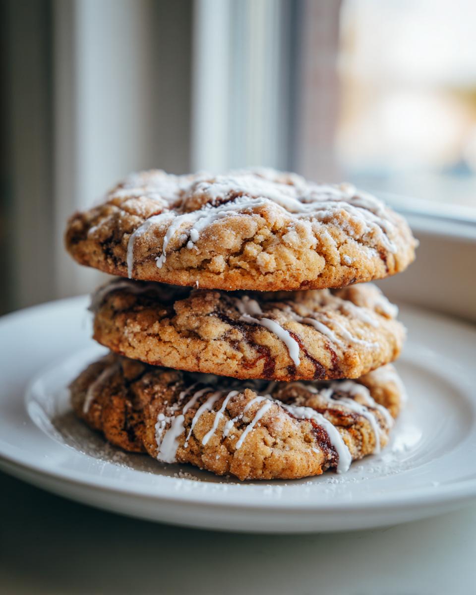 A stack of three textured coffee cake cookies drizzled with white icing and powdered sugar.