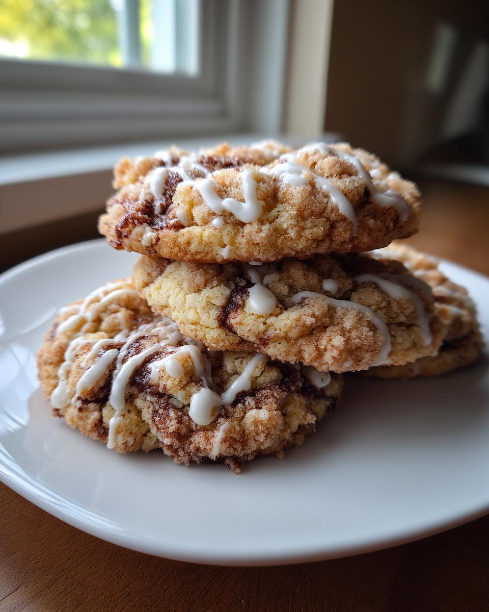 A stack of three soft, crumbly coffee cake cookies drizzled with white icing, sitting on a white plate.