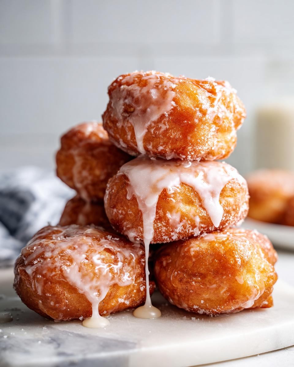 A stack of five golden brown, freshly fried apple fritter doughnuts drizzled with thick white glaze.