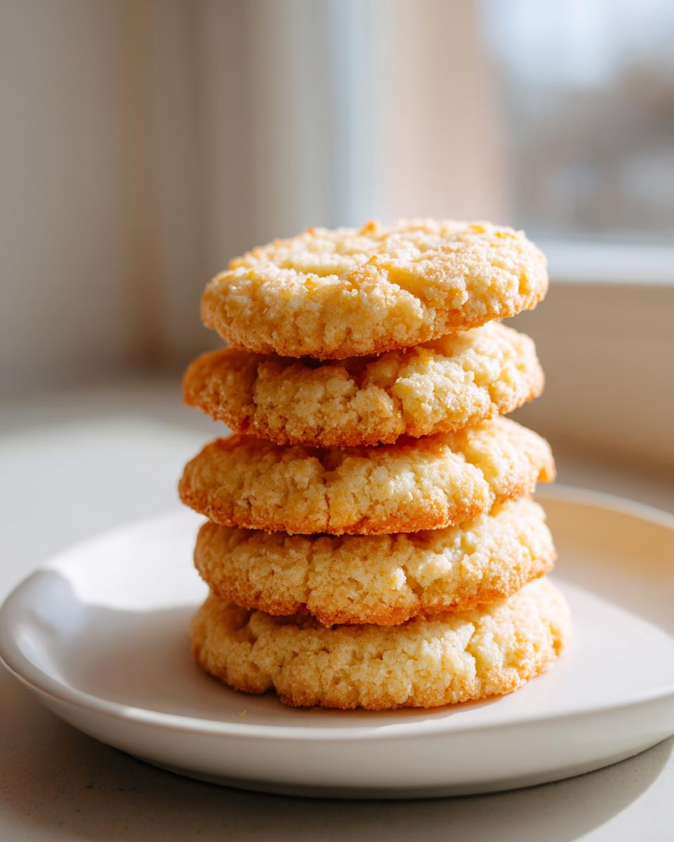 A vertical stack of four golden, slightly textured 3-ingredient butter cookies on a white plate.