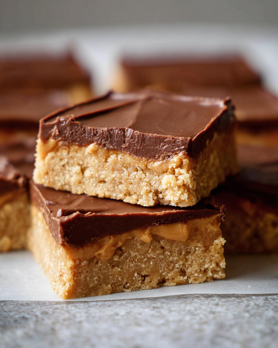 Two stacked, thick peanut butter bars with a crumbly base, creamy middle layer, and rich chocolate topping.