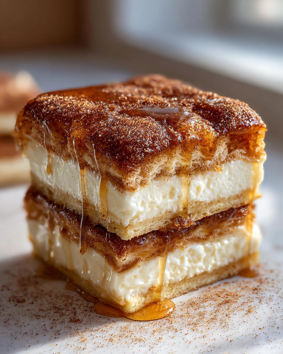 Two stacked squares of creamy sopapilla cheesecake topped with cinnamon sugar and drizzled with honey.