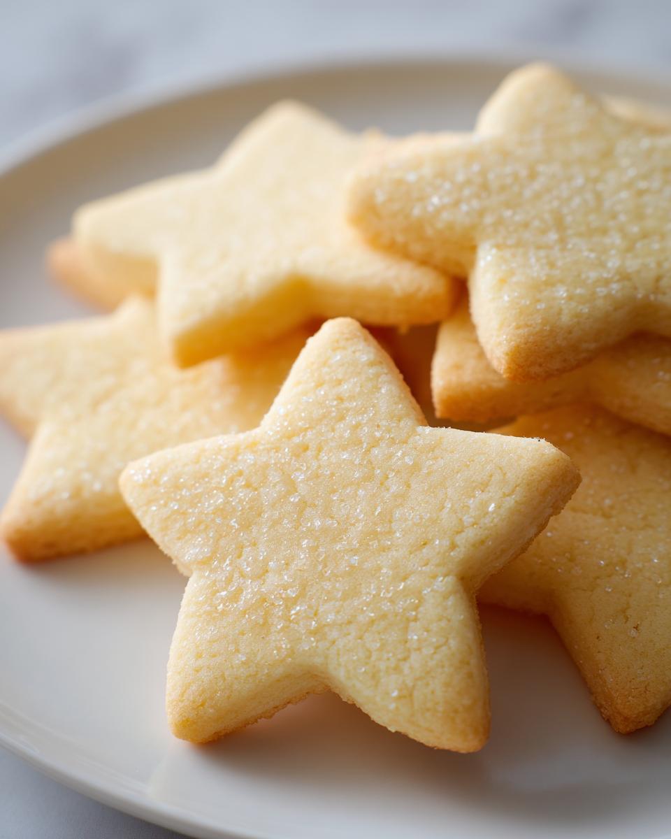Close-up of several golden, star-shaped vegan sugar cookies sprinkled with coarse sugar on a white plate.