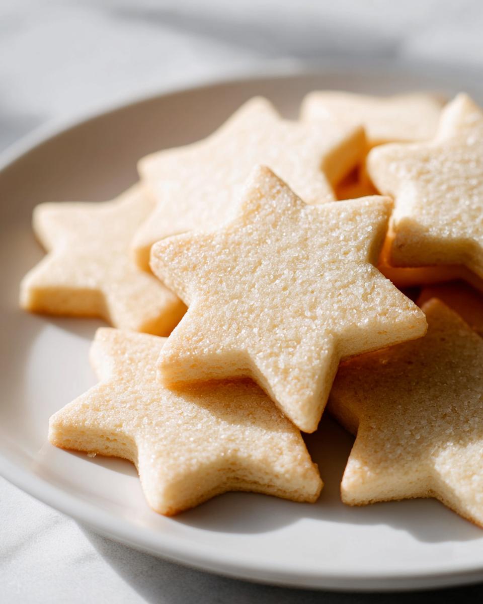 Close-up of several star-shaped vegan sugar cookies dusted with coarse sugar on a white plate.