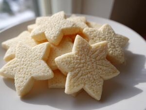 Close-up of several pale, star-shaped vegan sugar cookies stacked on a white plate near a window.