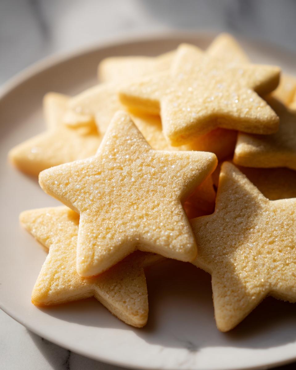 Close-up of stacked, star-shaped vegan sugar cookies topped with coarse sugar crystals.