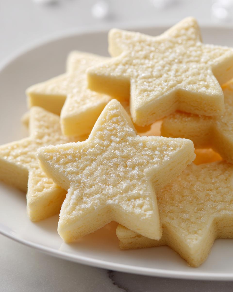 Close-up of several thick, star-shaped vegan sugar cookies dusted with coarse sugar on a white plate.