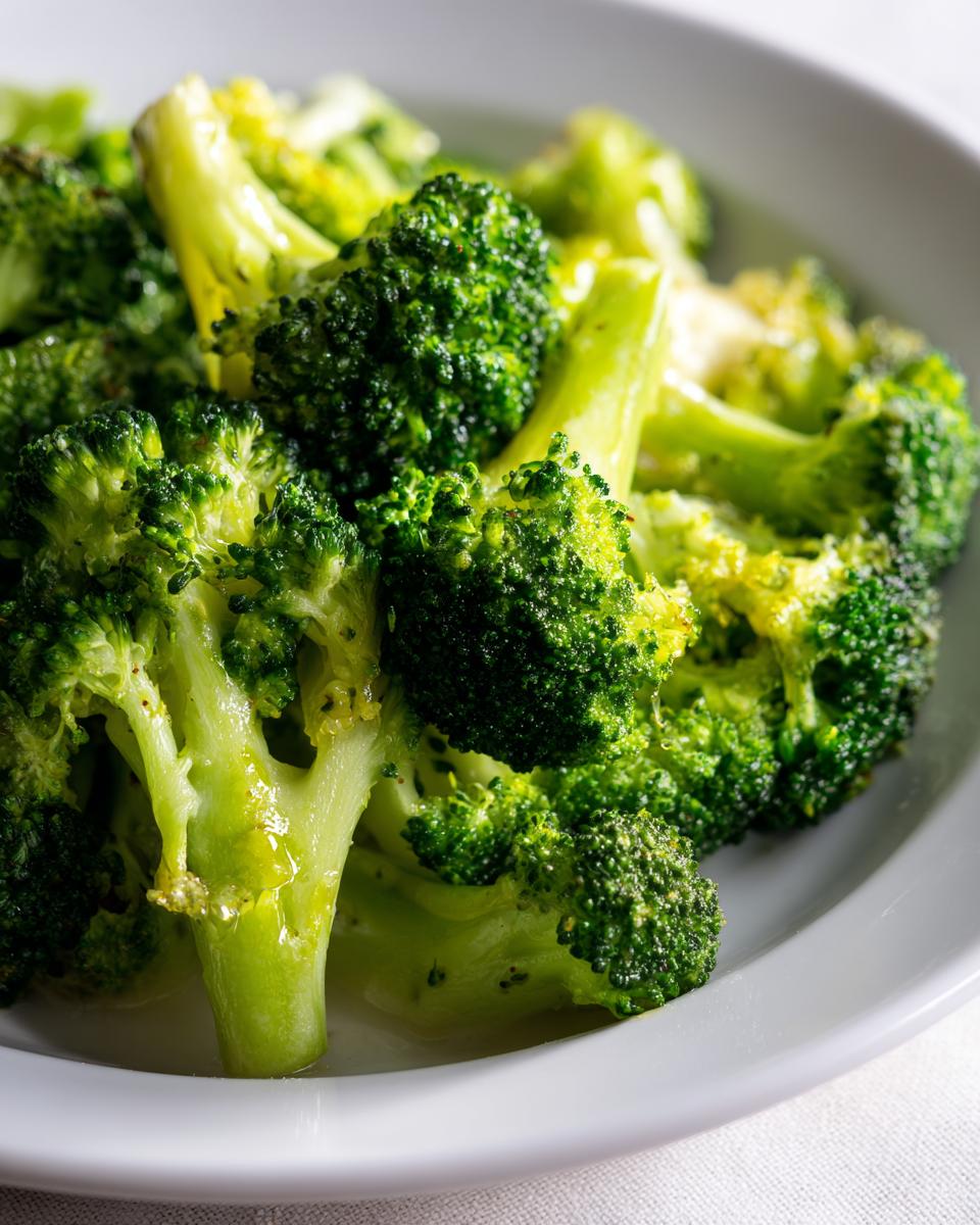 Close-up of vibrant green, perfectly steamed broccoli in a white bowl, showing moisture and texture.
