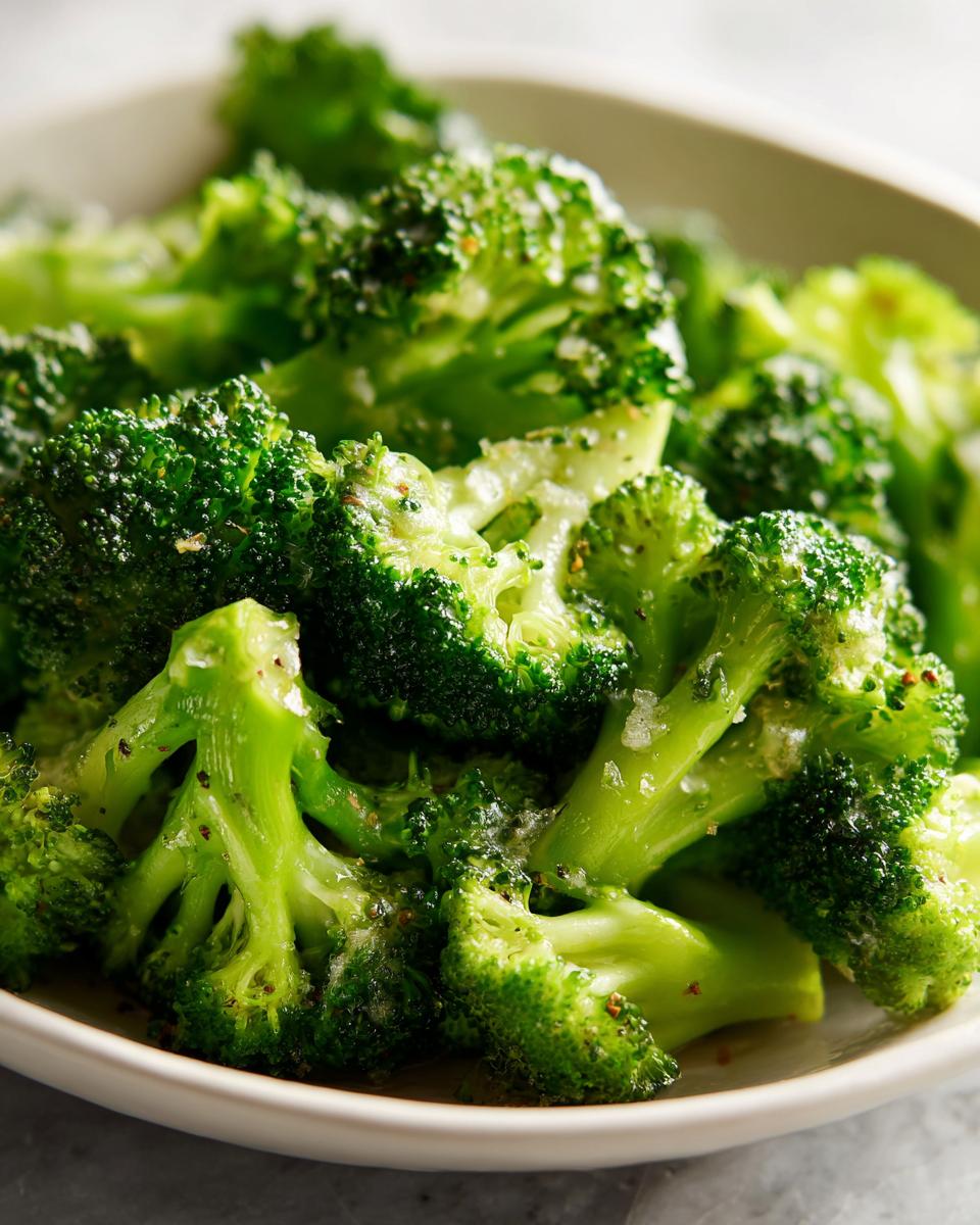 Close-up of bright green steamed broccoli florets seasoned with salt and pepper in a white bowl.
