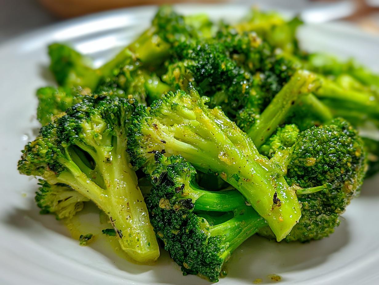 Close-up of bright green, perfectly cooked steamed broccoli florets seasoned with herbs and spices on a white plate.