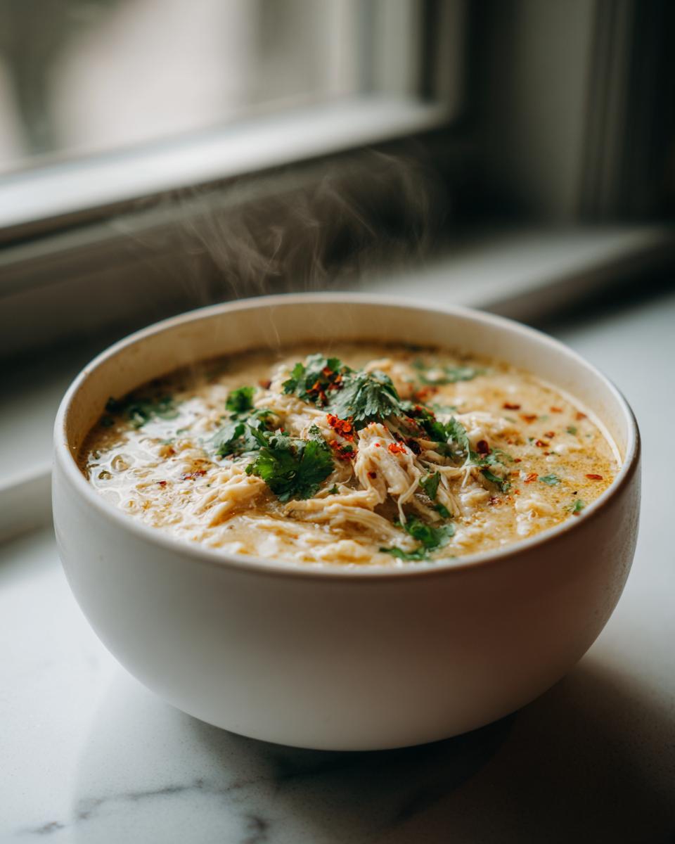 A steaming white bowl filled with creamy keto white chicken chili, topped with fresh cilantro and red pepper flakes.