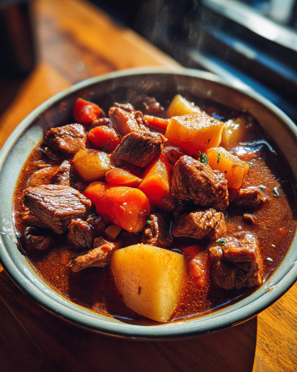 Close-up of a steaming bowl filled with rich, dark pork stew chunks, potatoes, and carrots.