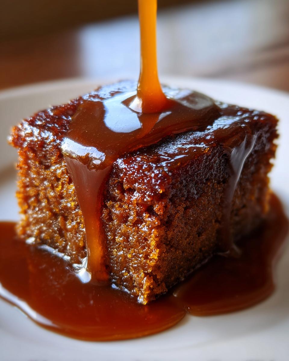 A square slice of rich, dark sticky toffee pudding recipe being generously covered with warm toffee sauce.