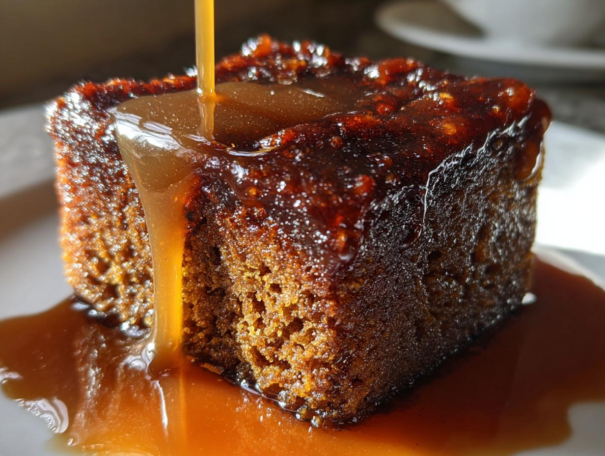 A close-up shot of a square slice of rich, dark sticky toffee pudding recipe being drenched in thick toffee sauce.