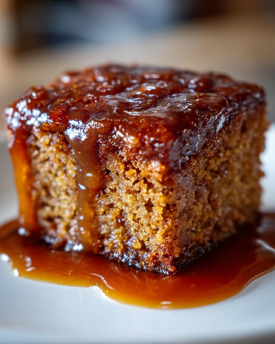 Close-up of a square slice of sticky toffee pudding generously covered in rich toffee sauce.