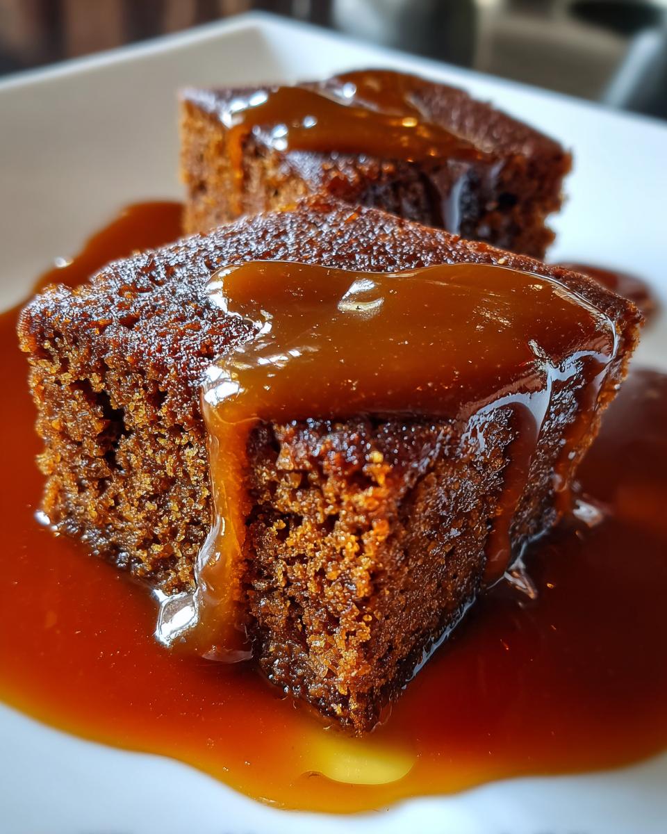 Two squares of rich, dark sticky toffee pudding recipe generously covered in thick caramel sauce.