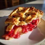 A close-up, sunlit slice of strawberry rhubarb pie featuring a vibrant red filling and a golden brown lattice crust.