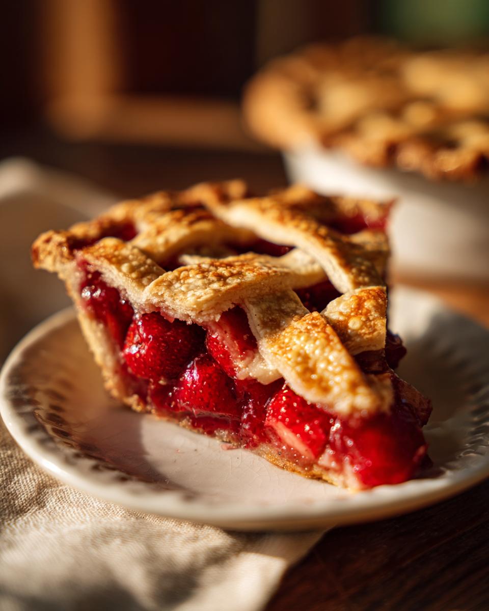 A close-up slice of strawberry rhubarb pie showing juicy filling and a golden lattice crust on a small plate.