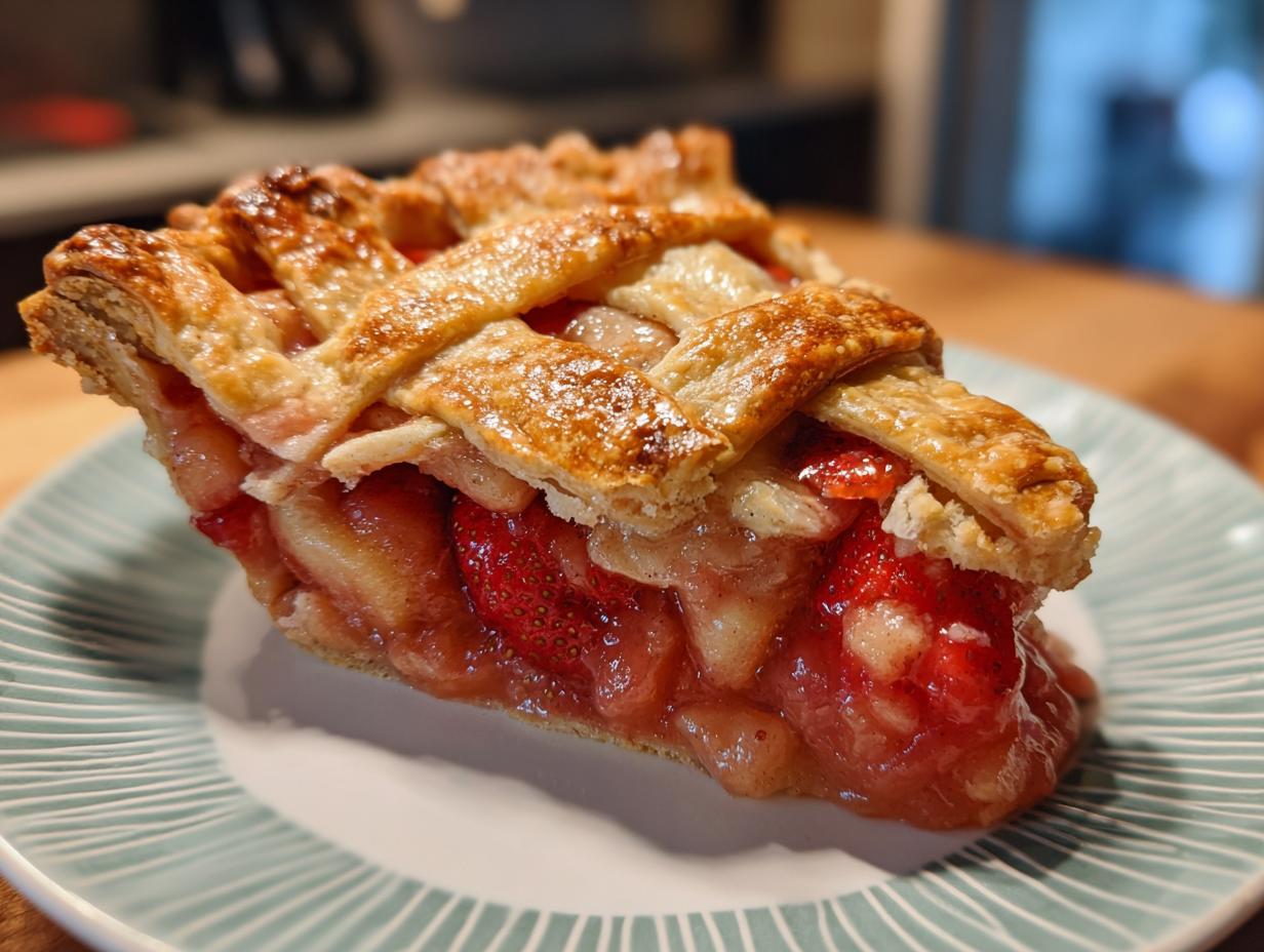 A close-up of a juicy slice of strawberry rhubarb pie featuring a golden brown lattice crust and thick fruit filling.