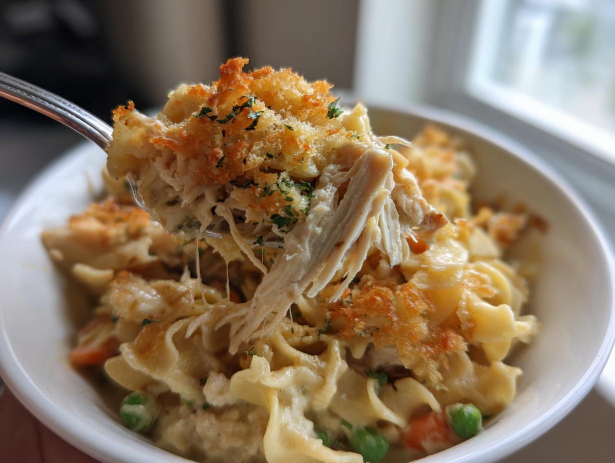 A fork lifts a large bite of creamy chicken noodle casserole, showing shredded chicken and a crispy breadcrumb topping.