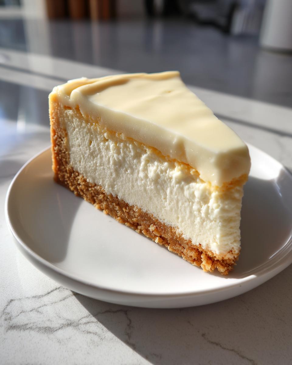 A triangular slice of rich sugar cookie cheesecake featuring a thick graham cracker crust and smooth white topping.