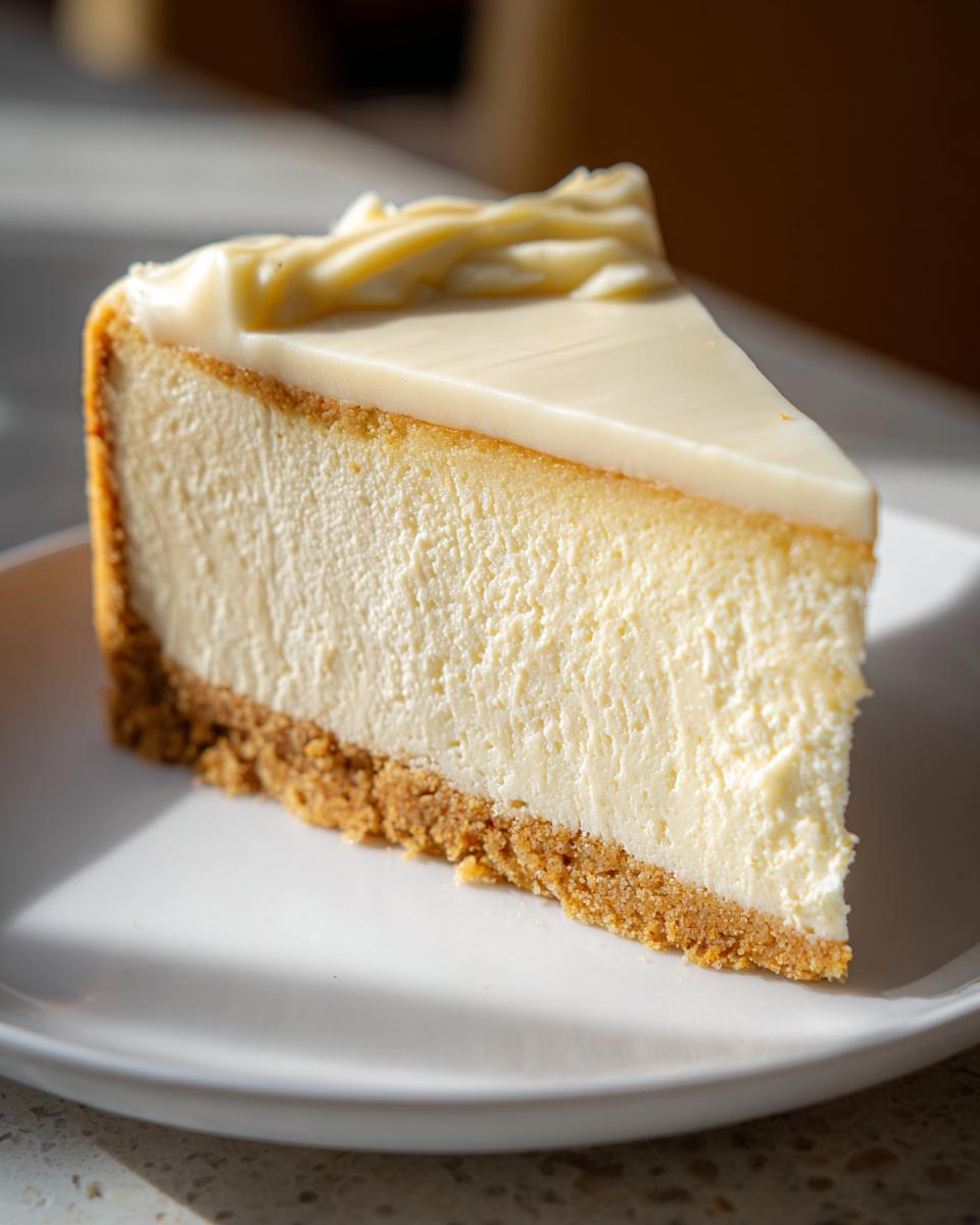 A close-up of a creamy slice of sugar cookie cheesecake with a thick graham cracker crust, served on a white plate.