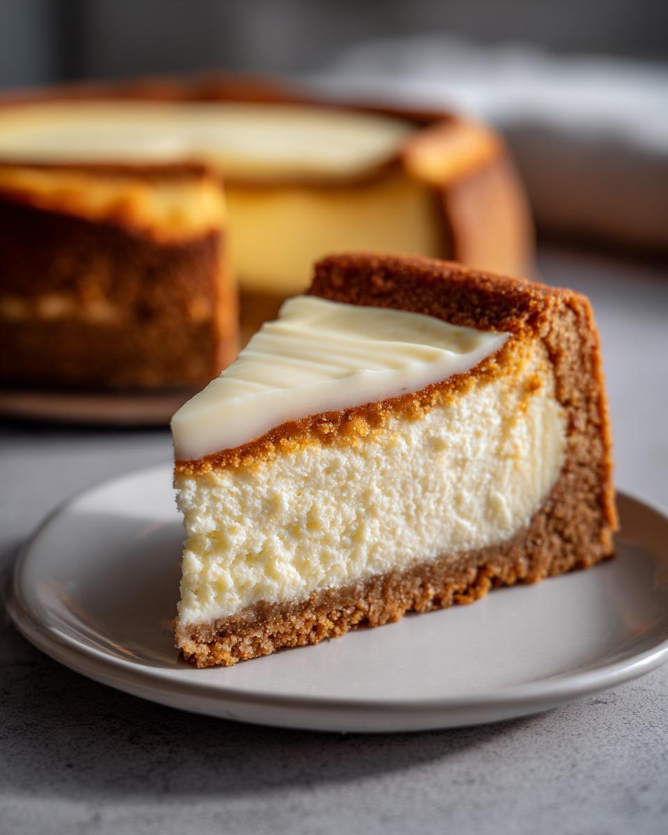A close-up slice of sugar cookie cheesecake with a thick graham cracker crust and white frosting on top.