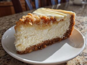 A close-up view of a perfect slice of sugar cookie cheesecake featuring a thick cream cheese layer and a brown sugar cookie crust.