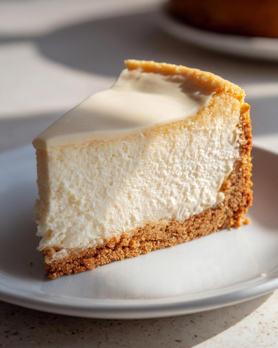 A close-up of a creamy slice of sugar cookie cheesecake with a thick graham cracker crust on a white plate.