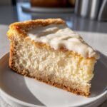 A close-up slice of creamy sugar cookie cheesecake topped with white frosting on a white plate.