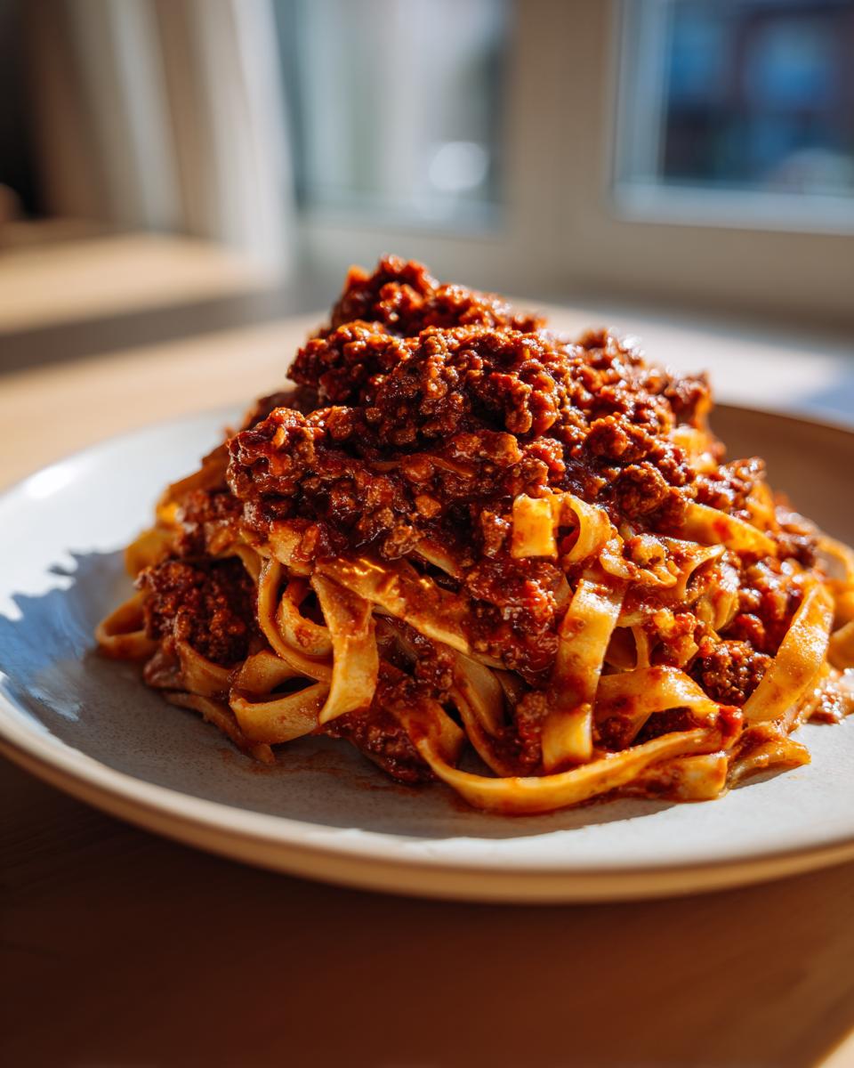 A generous serving of tagliatelle pasta topped high with rich, slow-cooked bolognese sauce, beautifully lit by sunlight.