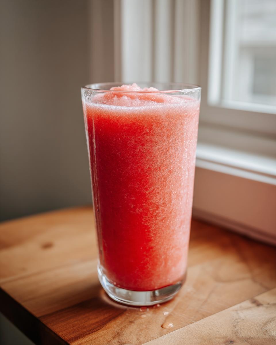 A tall glass filled with a bright pink, icy watermelon smoothie sitting on a wooden surface near a window.