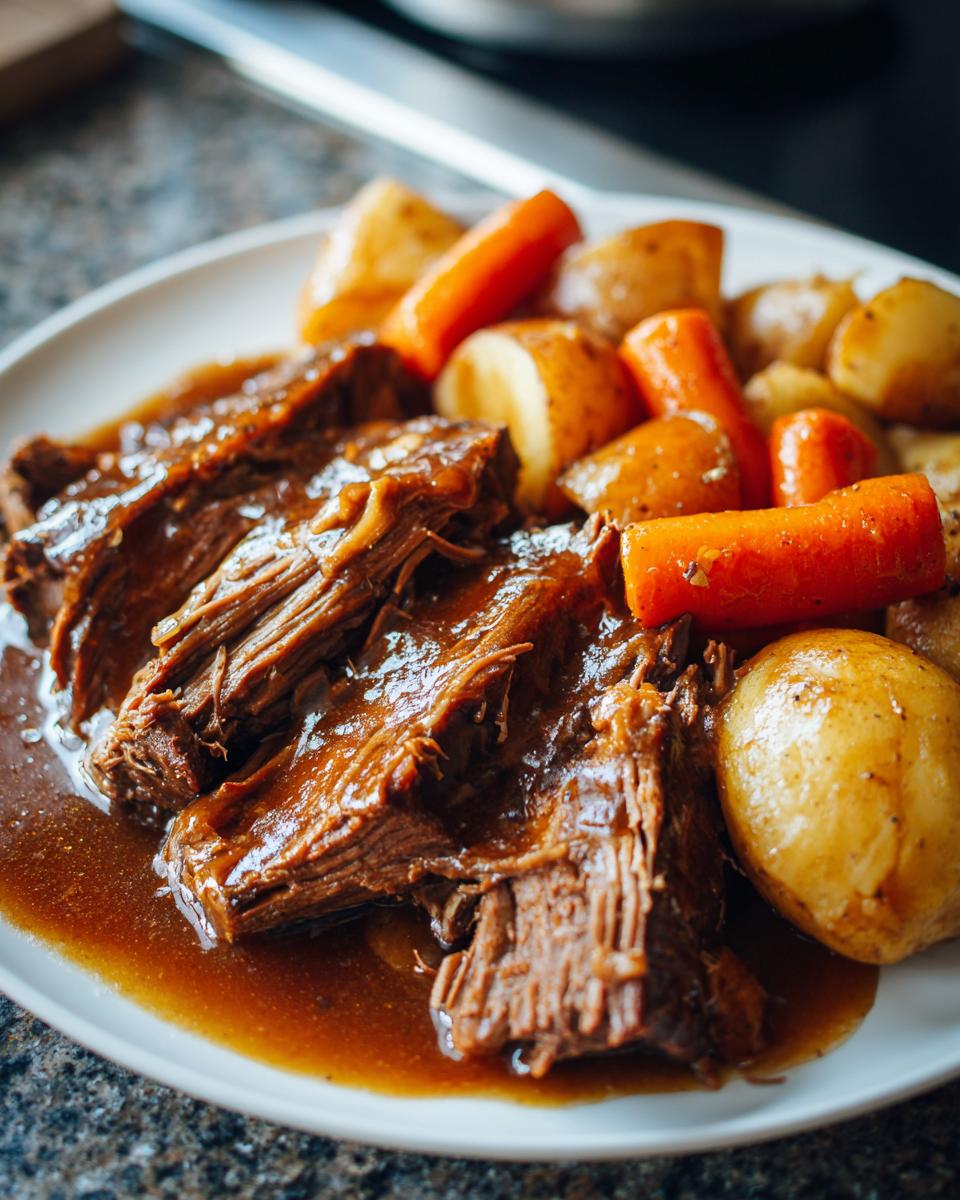 Close-up of tender, shredded pot roast smothered in rich brown gravy, served alongside roasted carrots and potatoes.