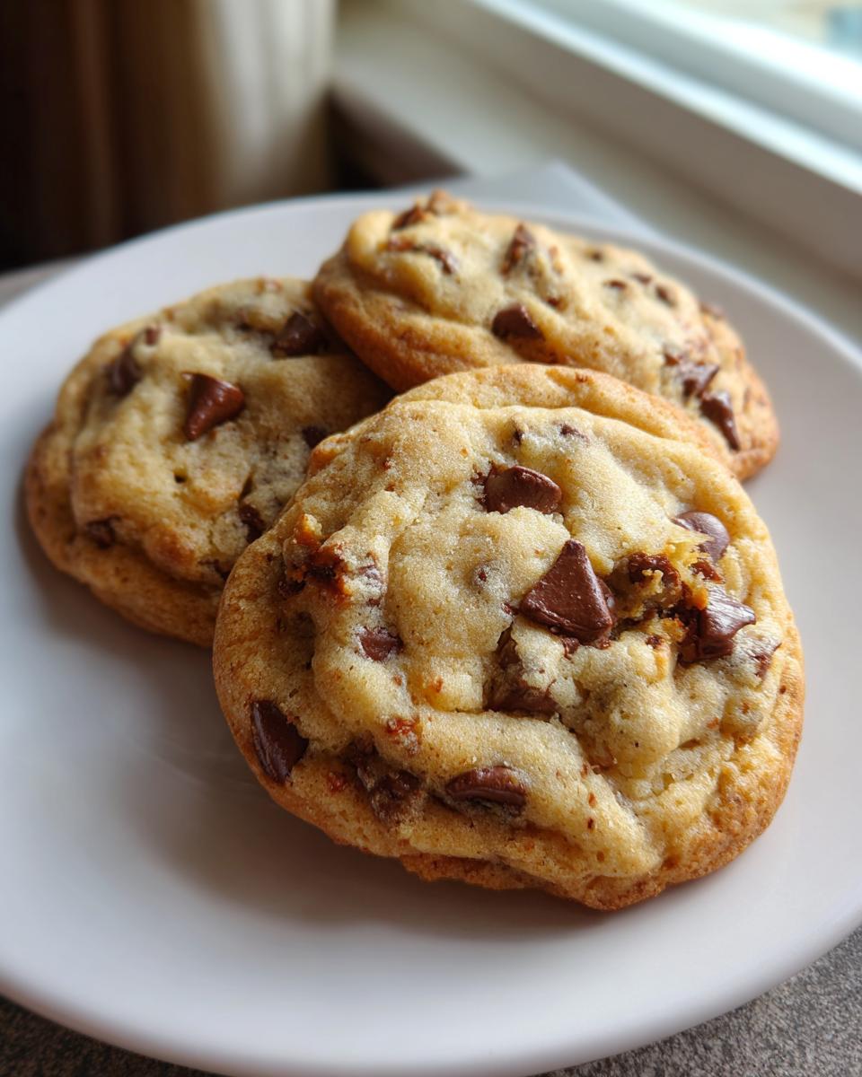 Close-up of three soft, golden brown chocolate chip cookies loaded with chunks of melted chocolate, resting on a white plate.