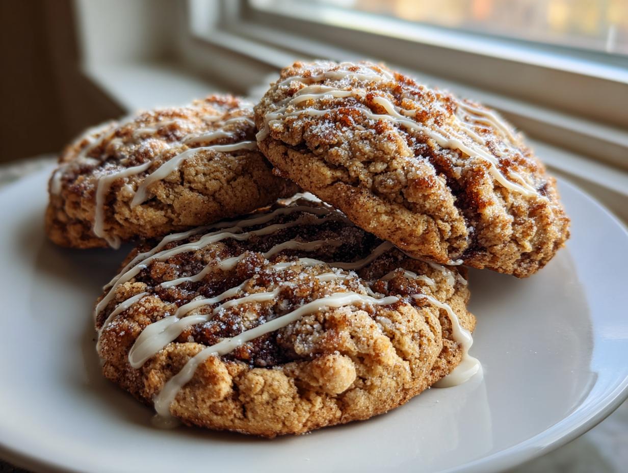 Three freshly baked coffee cake cookies stacked on a white plate, topped with cinnamon streusel and white icing drizzle.