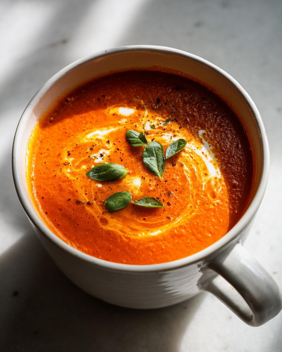 Close-up of a bowl of vibrant orange tomato basil soup swirled with cream and topped with fresh basil leaves.
