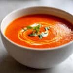 Close-up of a vibrant bowl of tomato basil soup, swirled with cream and topped with fresh basil leaves.