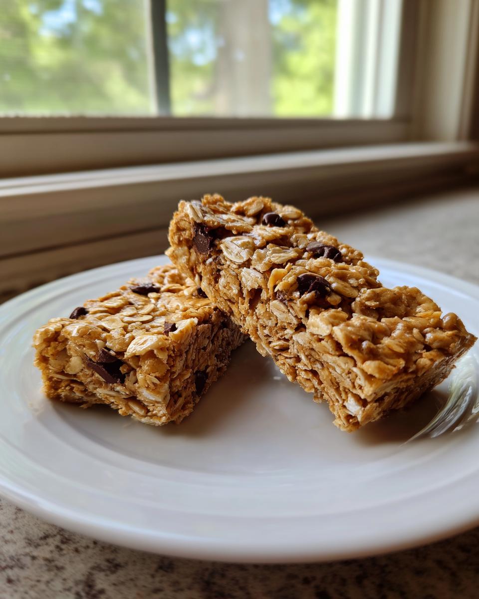 Two thick, chewy no bake granola bars packed with oats and chocolate chips, resting on a white plate near a window.